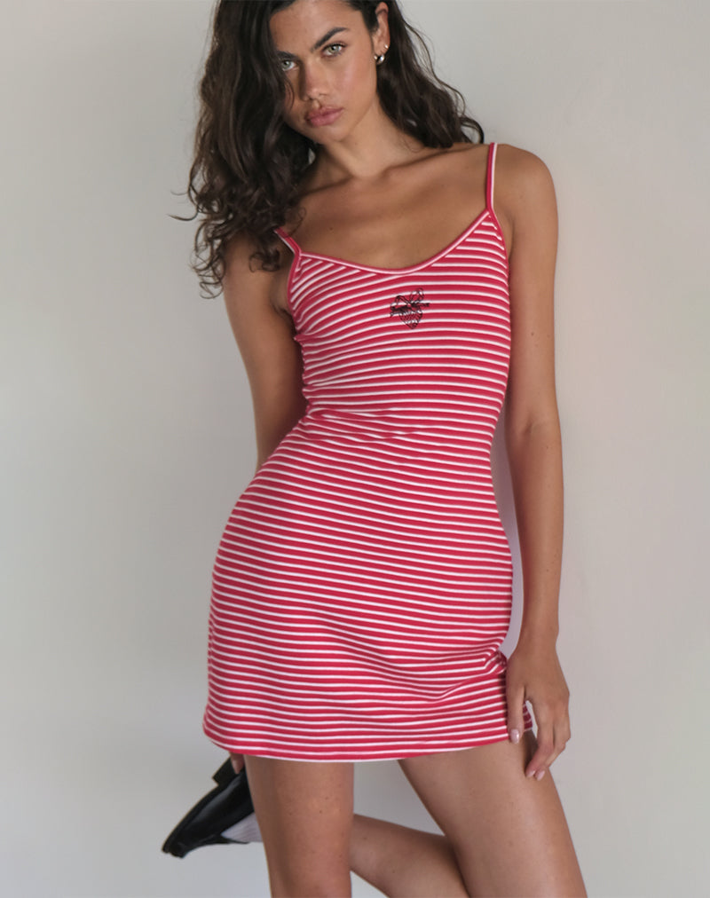 Anzhelina Strappy Mini Dress in Rood en Wit Streep met Aardbei Emb