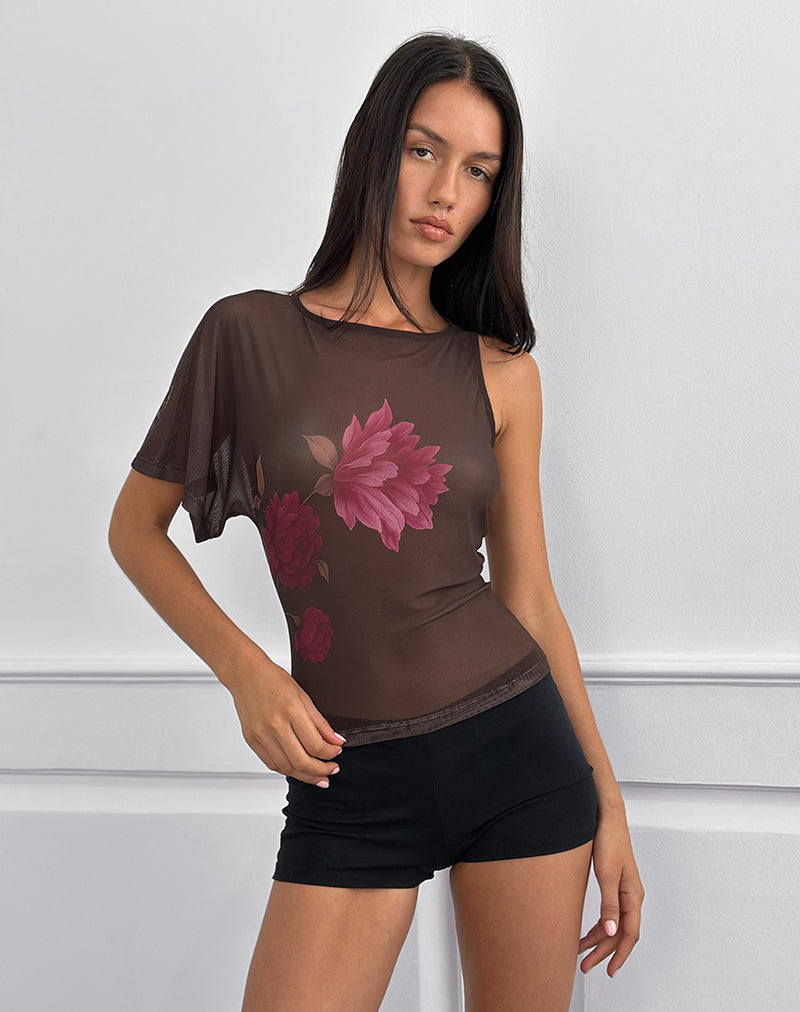 Balsa One Shoulder Top in bruin met roze bloemenprint