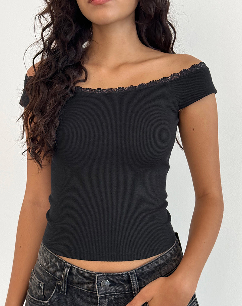 Chacha Top in Zwart Rib Kant