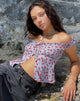 Afbeelding van Citra Bardot Frill Top in Blauw Bloemig Ditsy