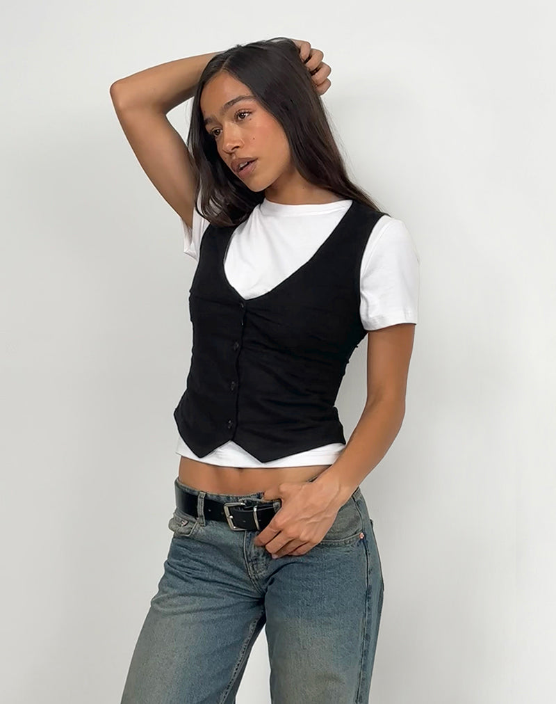 Cyna Button Through Vest Top in Zwart Linnen