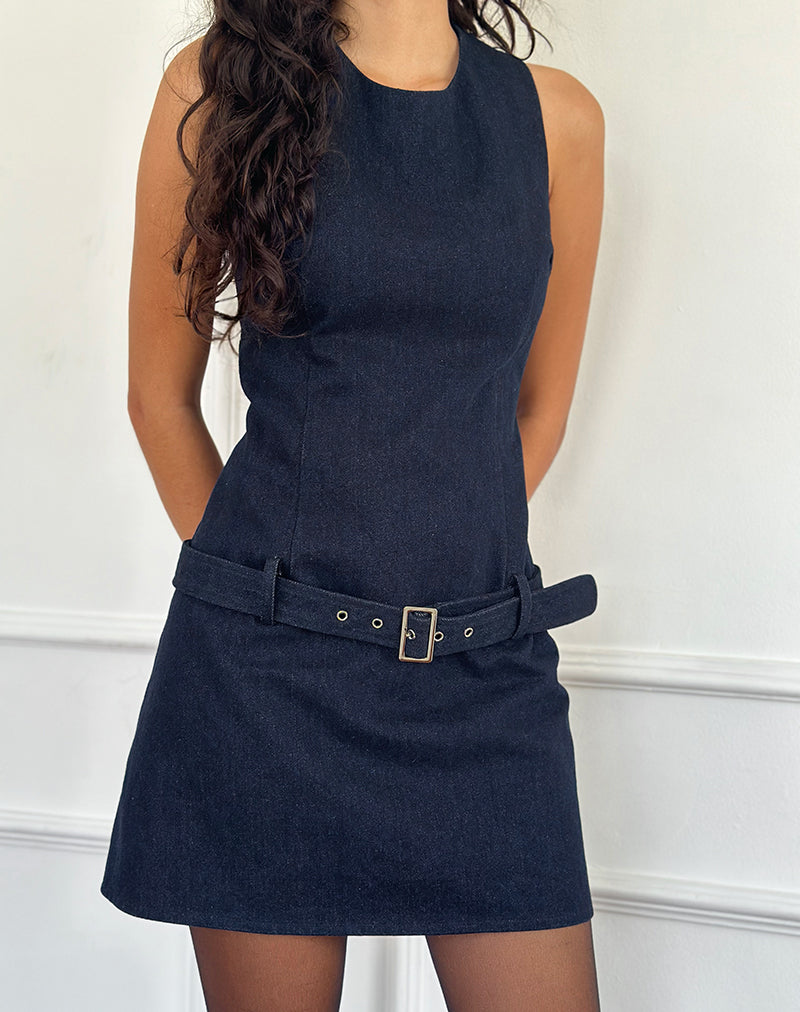 Dilshan Mini Jurk met Riem in Chambray Indigo