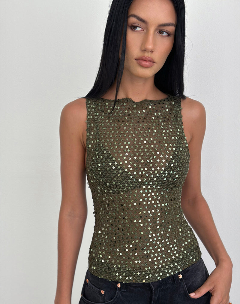 Afbeelding van Dudley Vest Top in gebreide lovertjes Olive