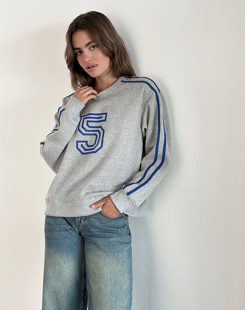 Govel Sweatshirt in grijs gemêleerd met kobaltblauw 5-motief