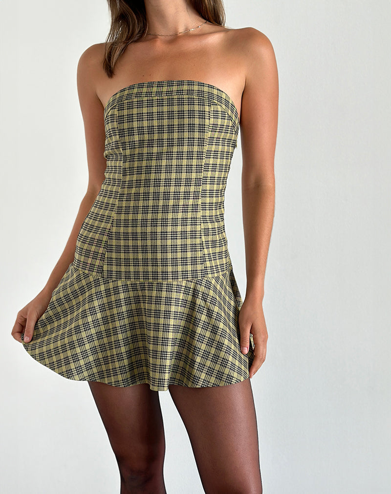 Hadia Bandeau Mini Dress in geruit geel