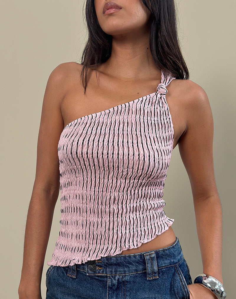 Idari One Shoulder Top in Stripe Textured Mesh Zacht Roze