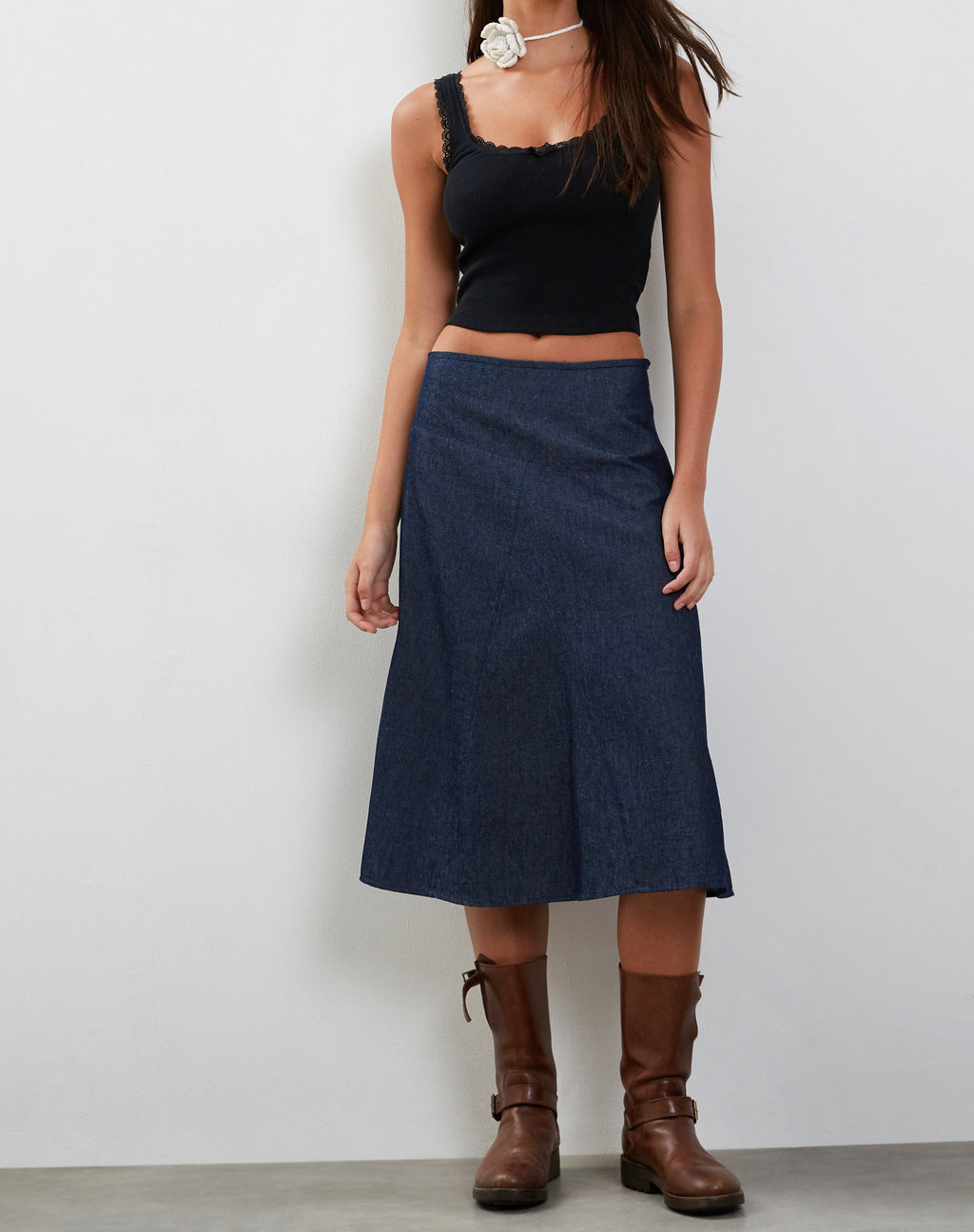 Denim midirok in donker indigo
