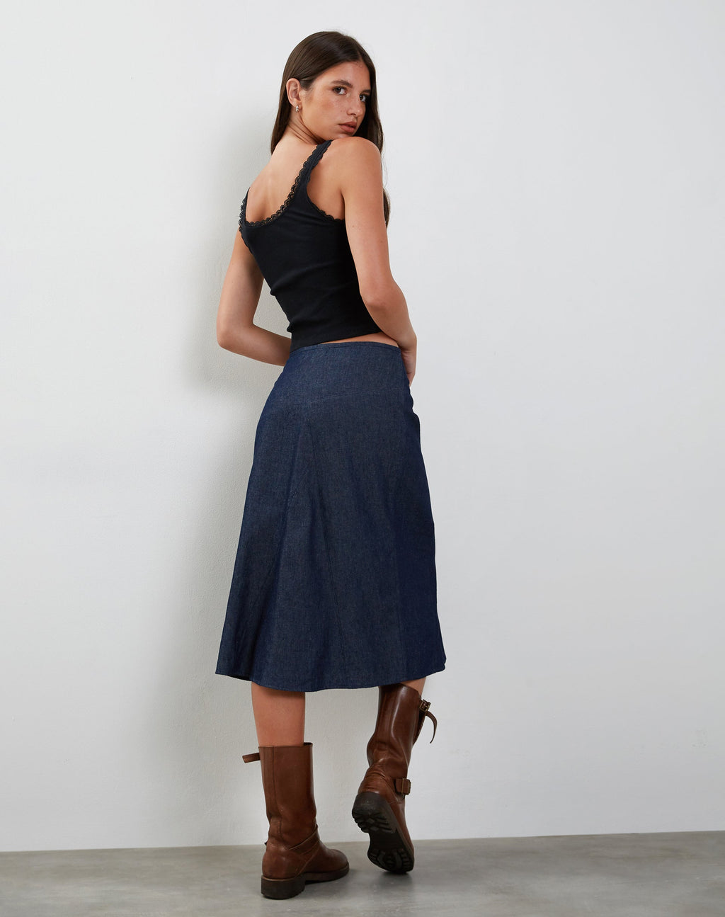 Denim midirok in donker indigo