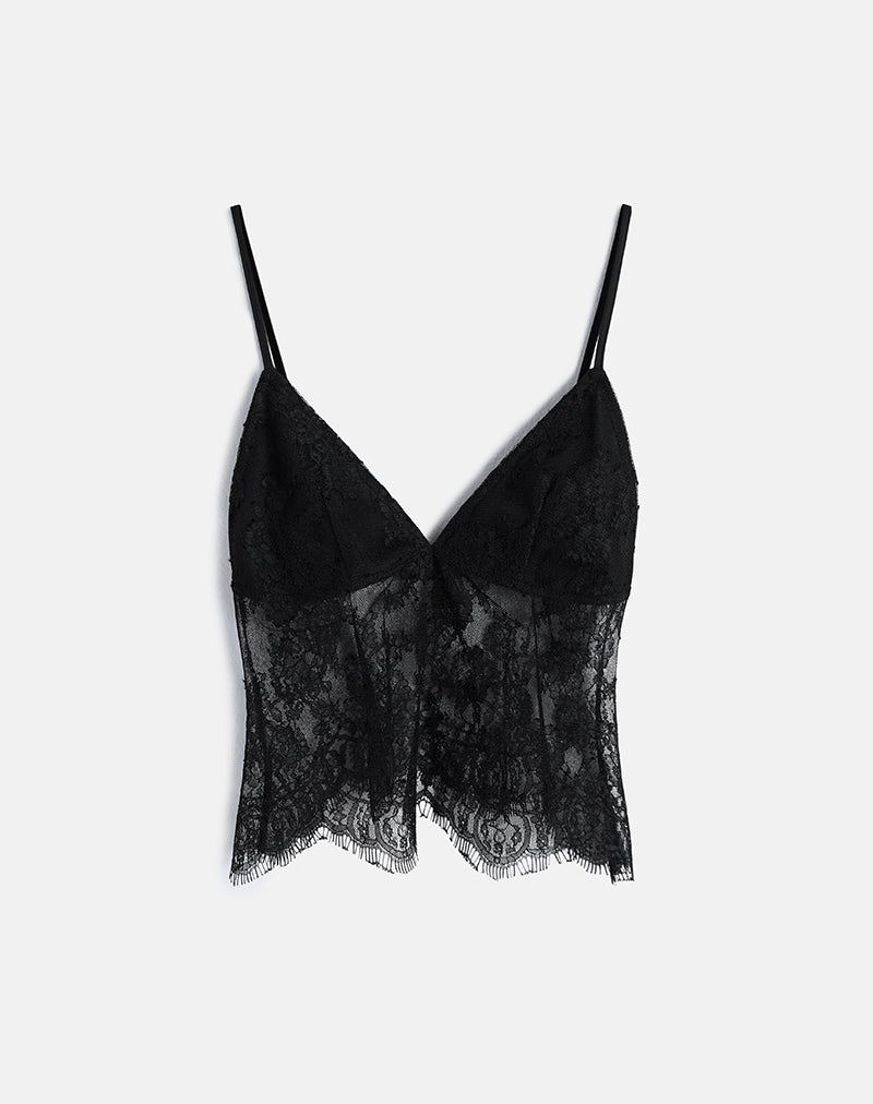 Afbeelding van Kaika Plunge Cami Top in Eyelash Lace Zwart