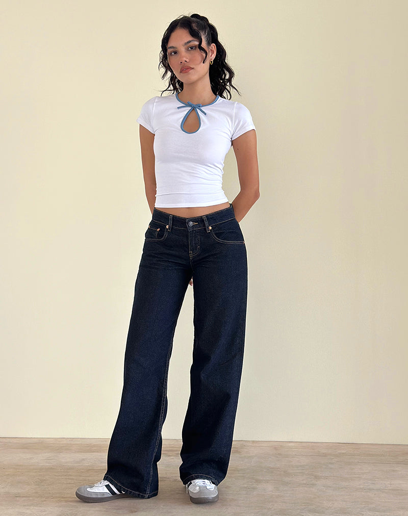 Monsel Top met Stropdas in Wit met Verbleekte Denim Binding