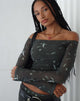 Afbeelding van Neira Lange Mouw Mesh Bardot Top in Bloemig Khaki Silhouet