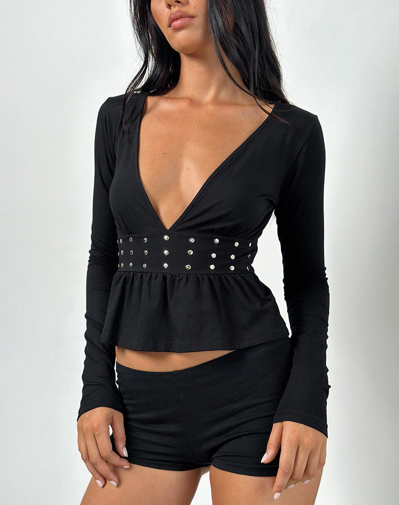 Ophay Top in Jersey Zwart met studs