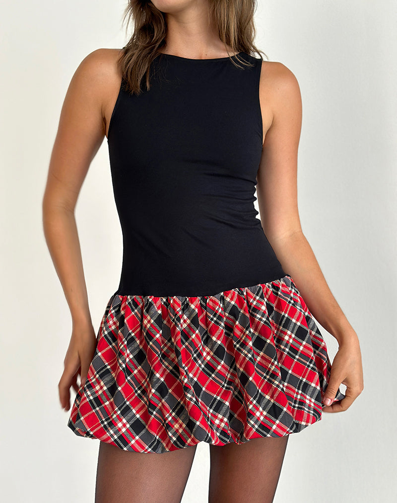 Ortega Mini Dress in Zwart met Diagonaal Ruitje Rood