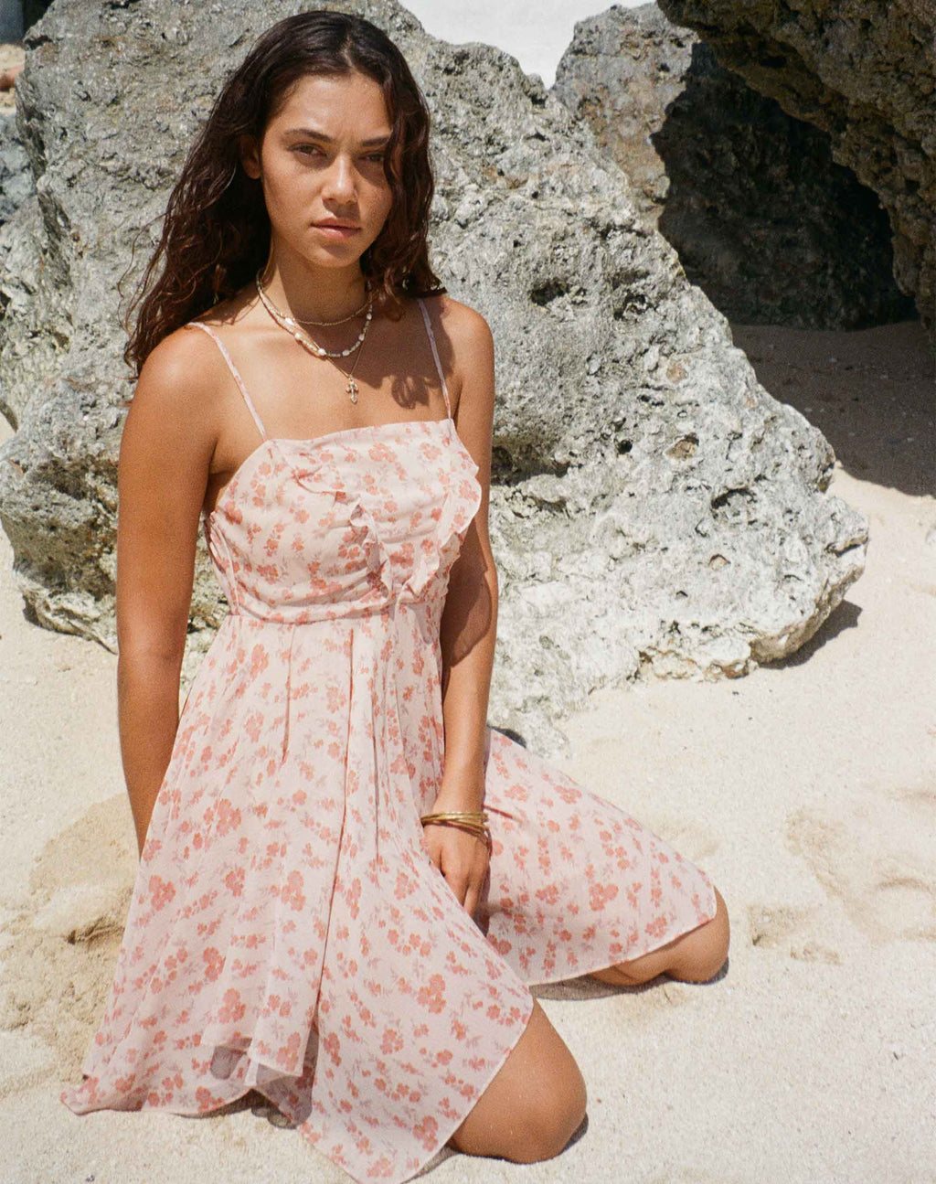 Raftar Franje Chiffon Mini Jurk in Perzik Kersenbloesem
