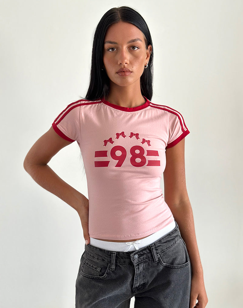 Salda T-shirt in Pink Lady met Adrenaline Red Binding en '98' Emb