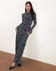 Afbeelding van Slokya Long Sleeve Maxi Dress in Vine Floral Flock Ocean Storm