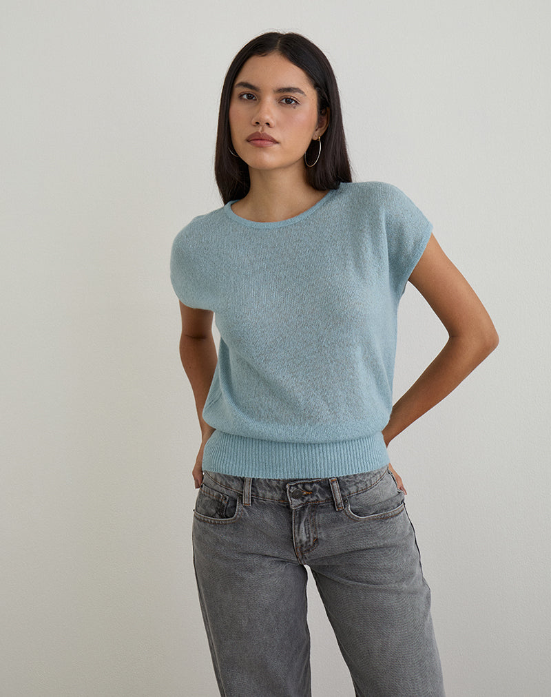 Sorin Top met diepe tailleband in gebreid blauw