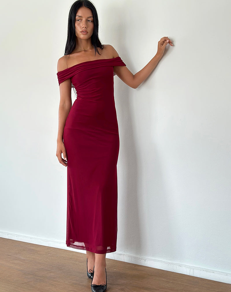 Tarna Bardot Maxi Dress in Mesh Burgundy - Main Image