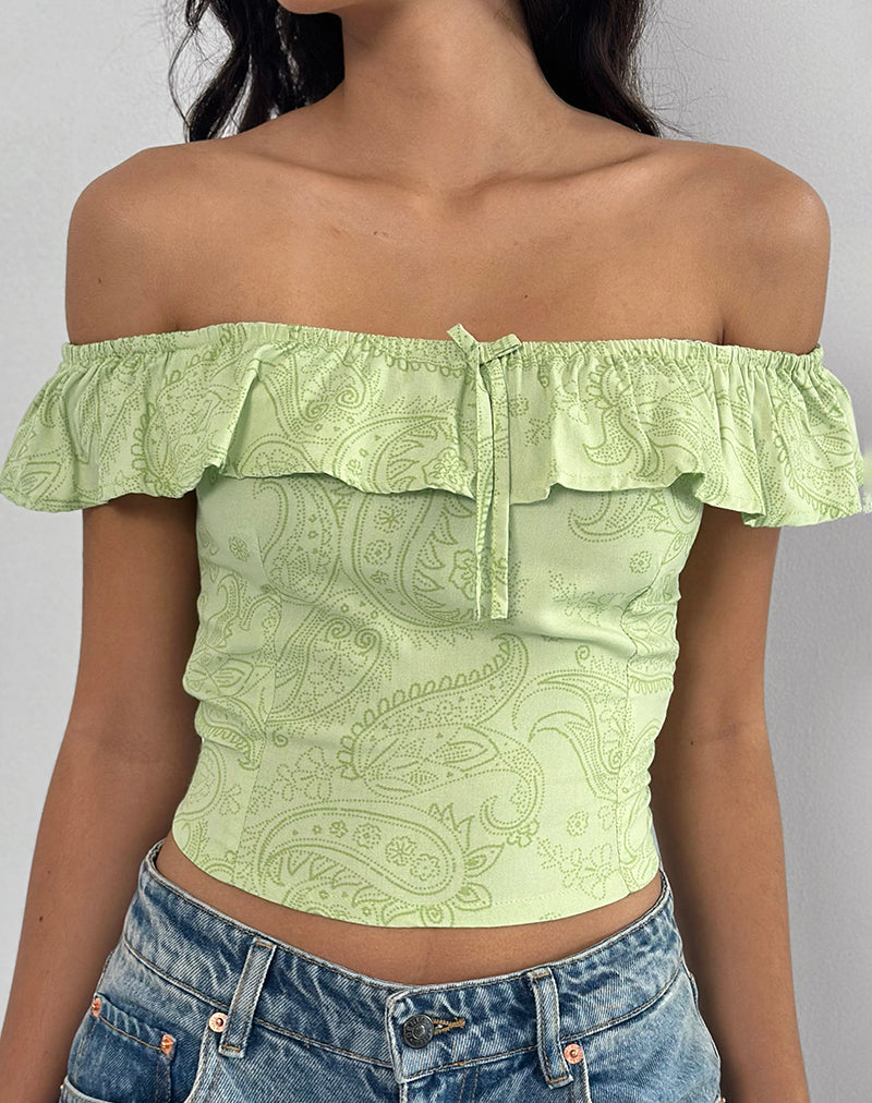 Yokai Bardot Top in Retro Paisley Lime
