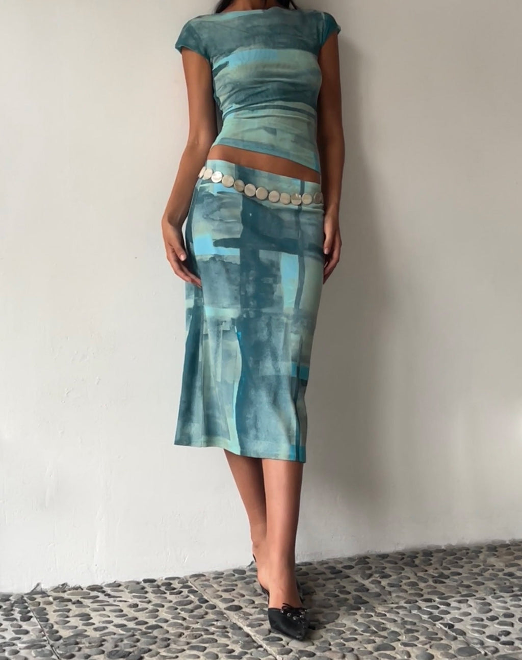 MOTEL X JACQUIE Gia Midi Rok in Mesh Abstract Paint Brush Groen