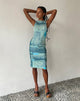 Afbeelding van MOTEL X JACQUIE Indie Midi Dress in Mesh Groen en Blauw Abstract Verfpenseel