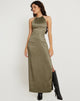 Afbeelding van Salazar Halter Hals Maxi Dress in Satijn Donker Olijf