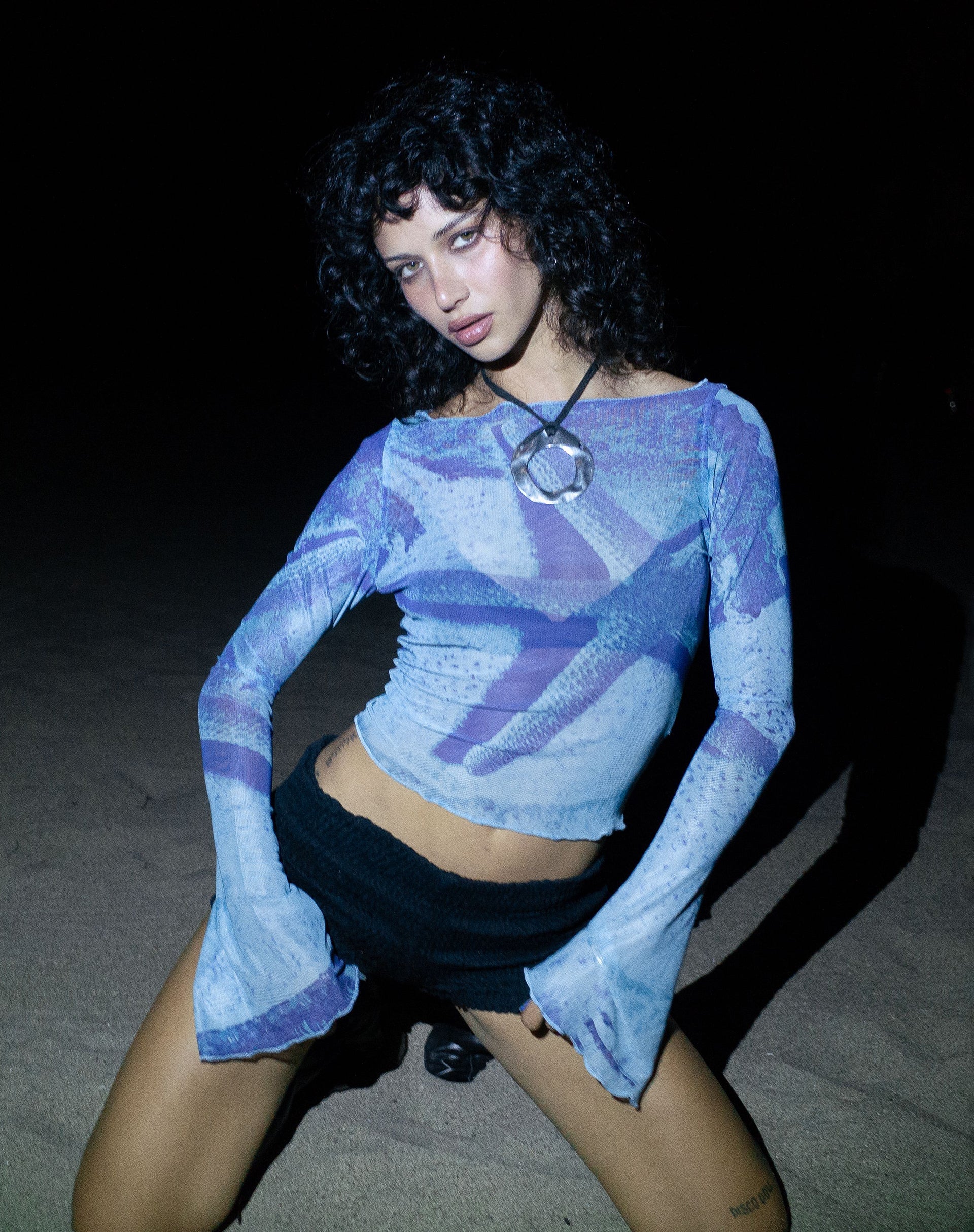 Afbeelding van Anchi Mesh Lange Mouw Top in Blauw Zeesterren Fotoprint