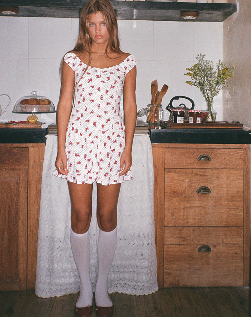 Afbeelding van Aca Bardot Mini Jurk in Wit Roos Polka