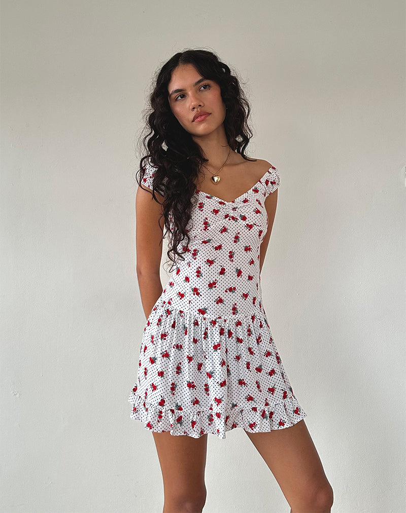 Afbeelding van Aca Bardot Mini Jurk in Wit Roos Polka