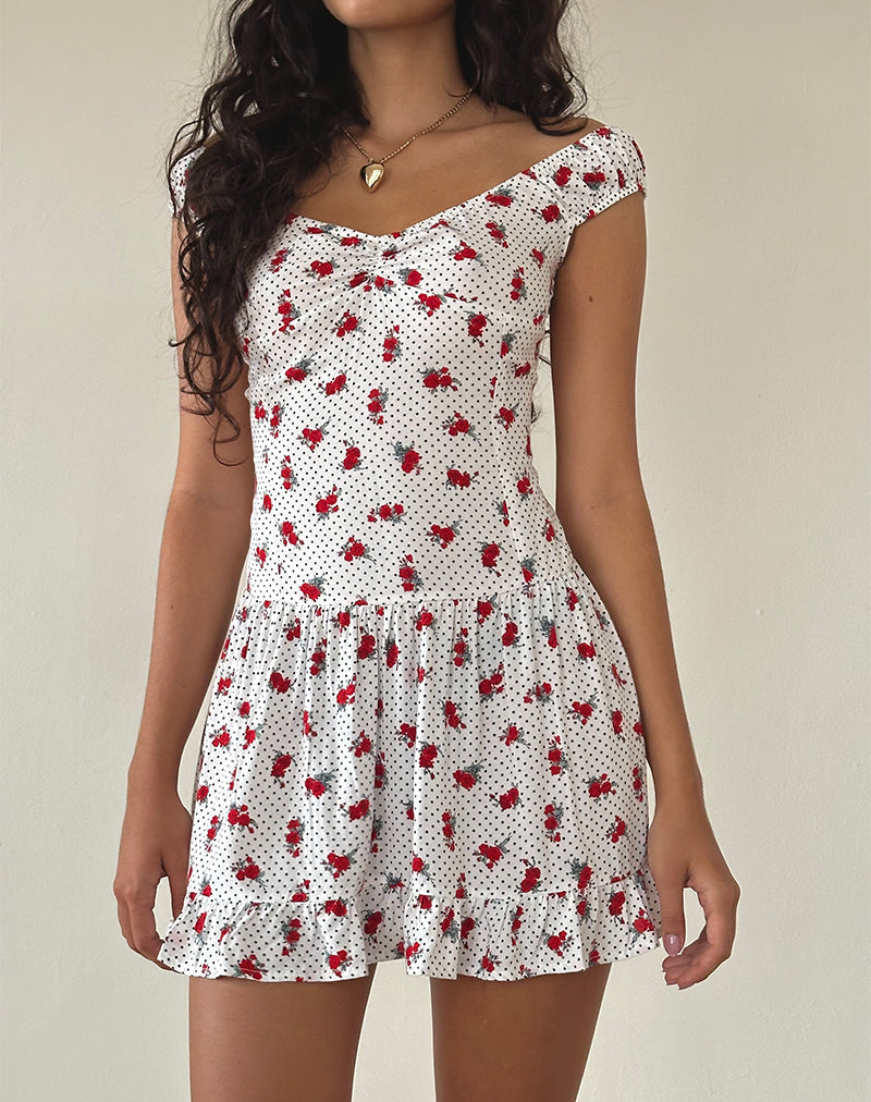 Aca Bardot Mini Jurk in Wit Roos Polka
