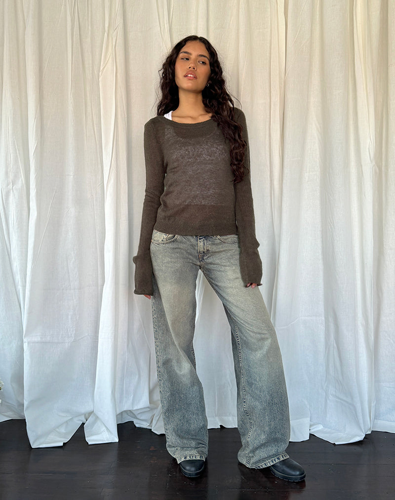 Afbeelding van Addison Sheer Knit Top met lange mouwen in donkere chocolade
