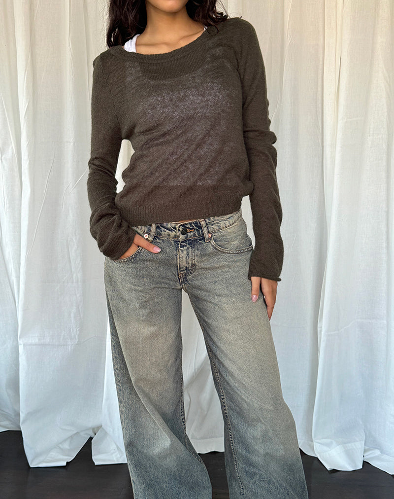 Afbeelding van Addison Sheer Knit Top met lange mouwen in donkere chocolade