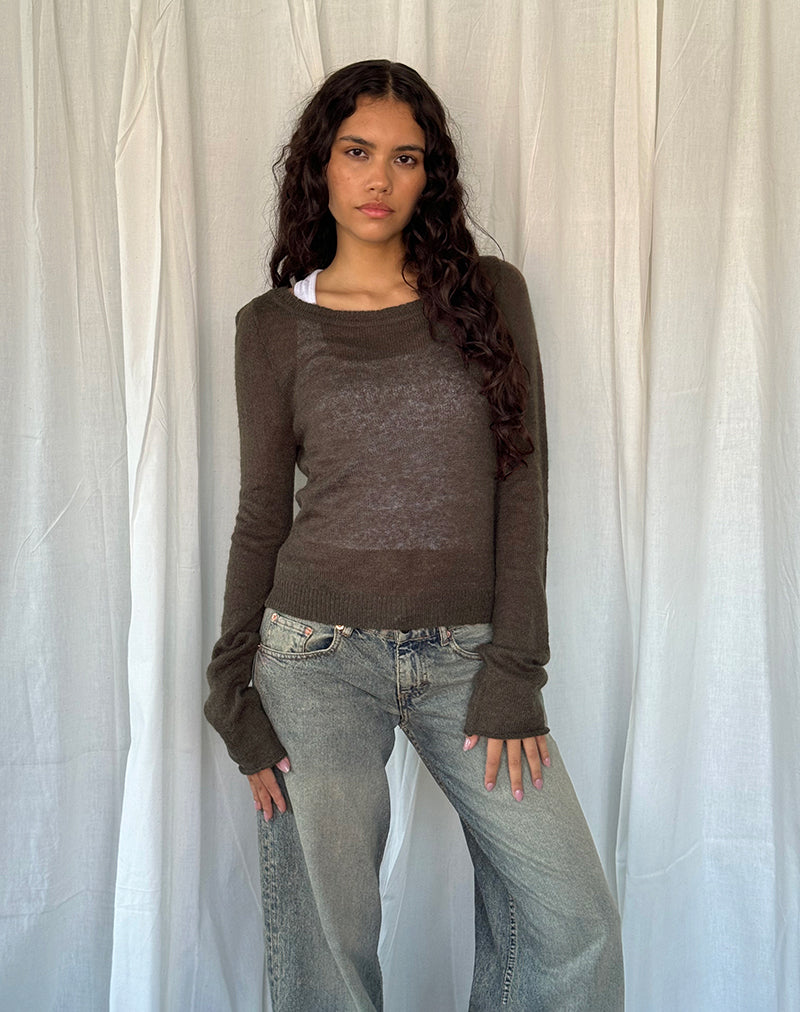Addison Sheer Knit Top met lange mouwen in donkere chocolade