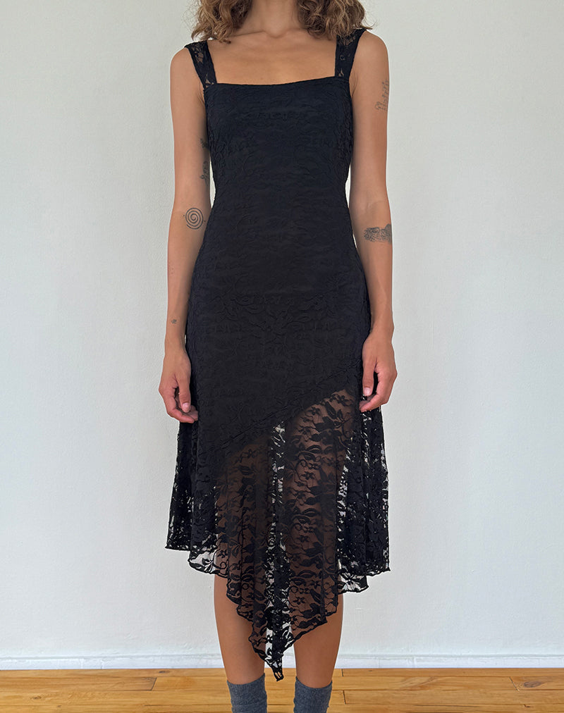 Afbeelding van Adeliza Asymmetrische Midi-jurk in Jet Black met bloemenkant