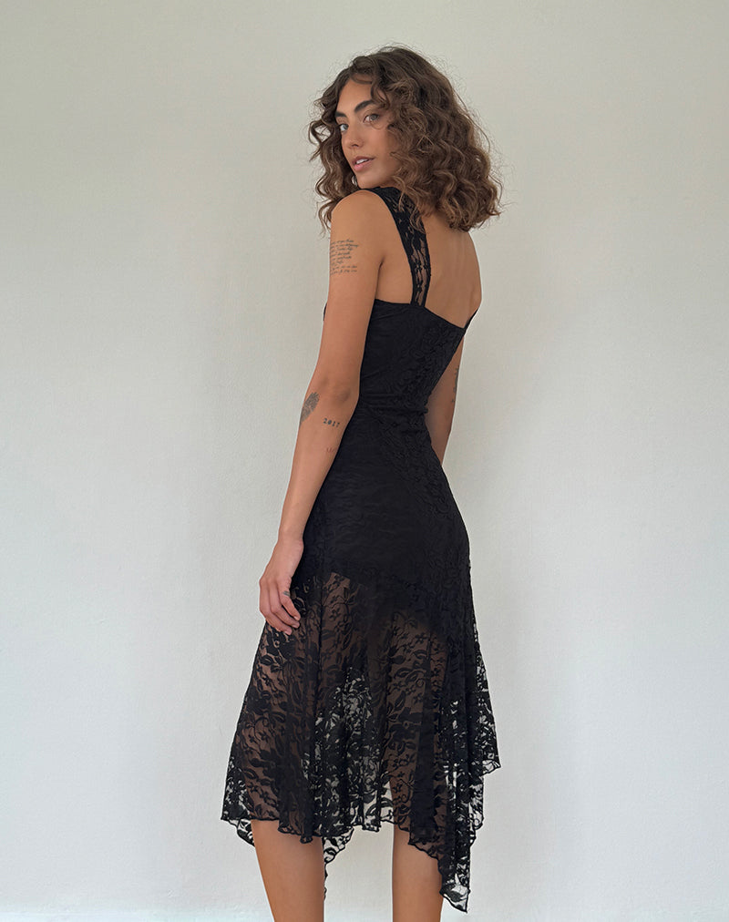 Afbeelding van Adeliza Asymmetrische Midi-jurk in Jet Black met bloemenkant
