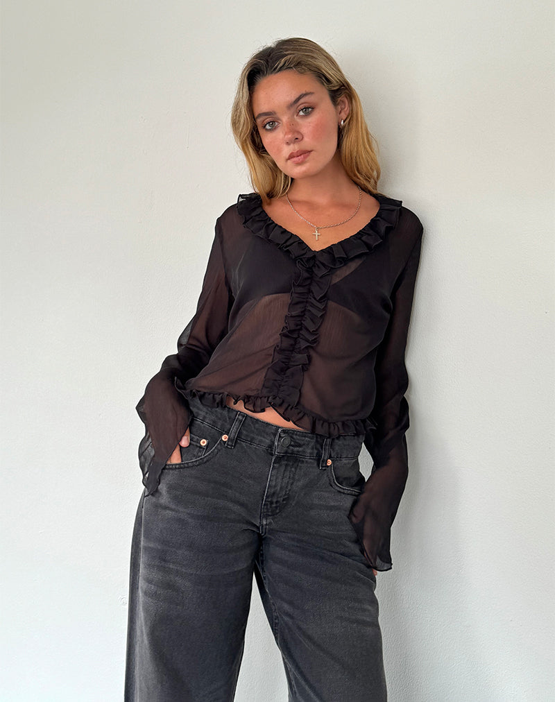 Adriana Ruffle Top in Chiffon Zwart