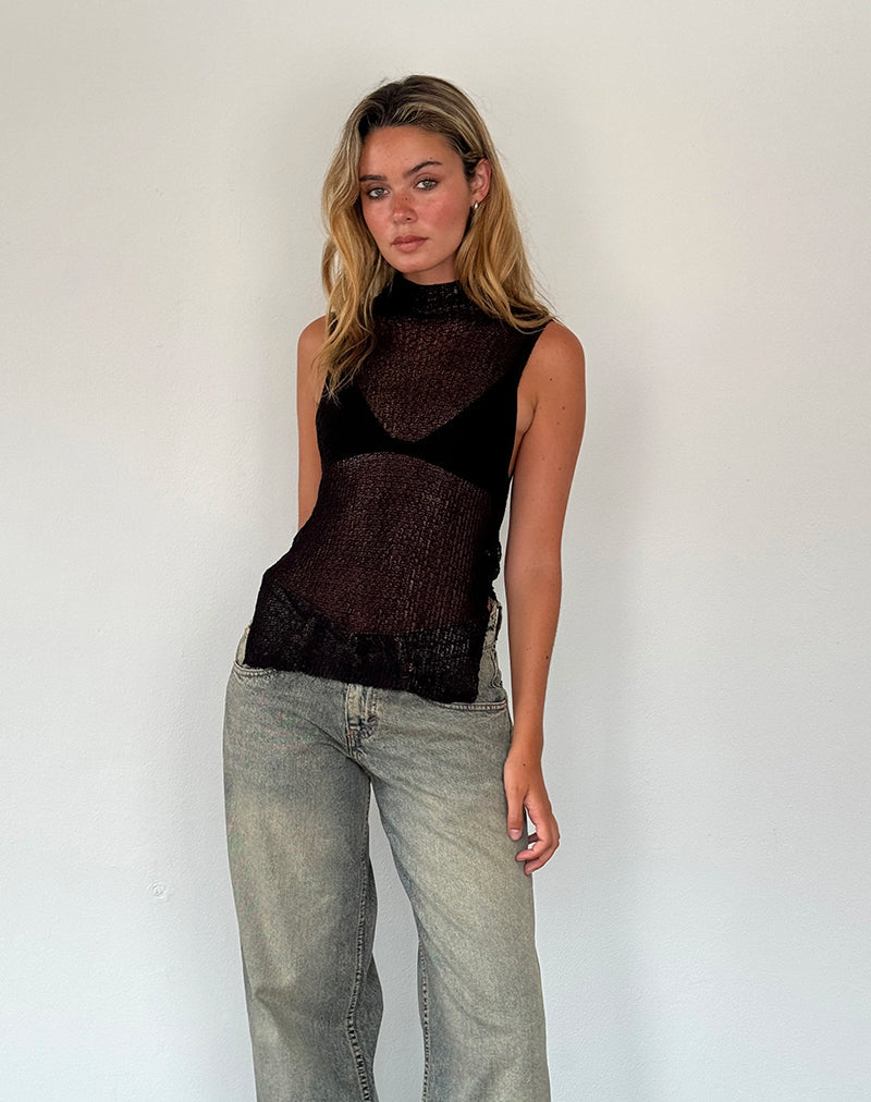 Agnes Mouwloze Sheer Knit Tank in Zwart