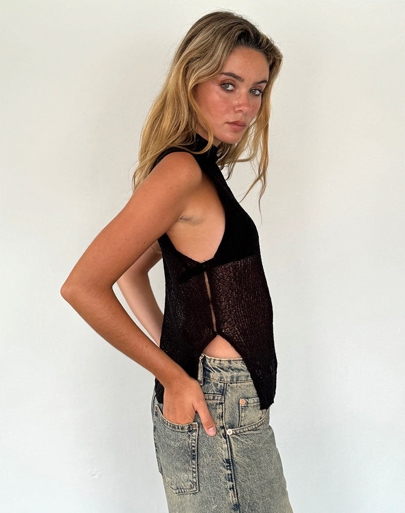 Afbeelding van Agnes Mouwloze Sheer Knit Tank in Zwart
