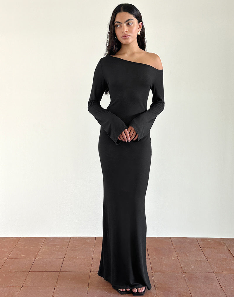 Afbeelding van Aldiana Asymmetrische Maxi Dress met lange mouwen in Sheer Knit Zwart