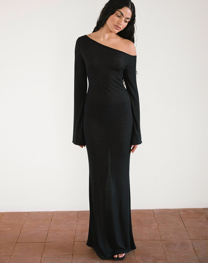 Aldiana Asymmetrische Maxi Dress in Sheer Knit Zwart met lange mouwen