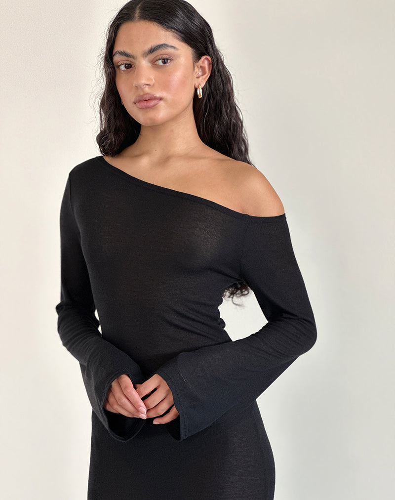 Afbeelding van Aldiana Asymmetrische Maxi Dress met lange mouwen in Sheer Knit Zwart