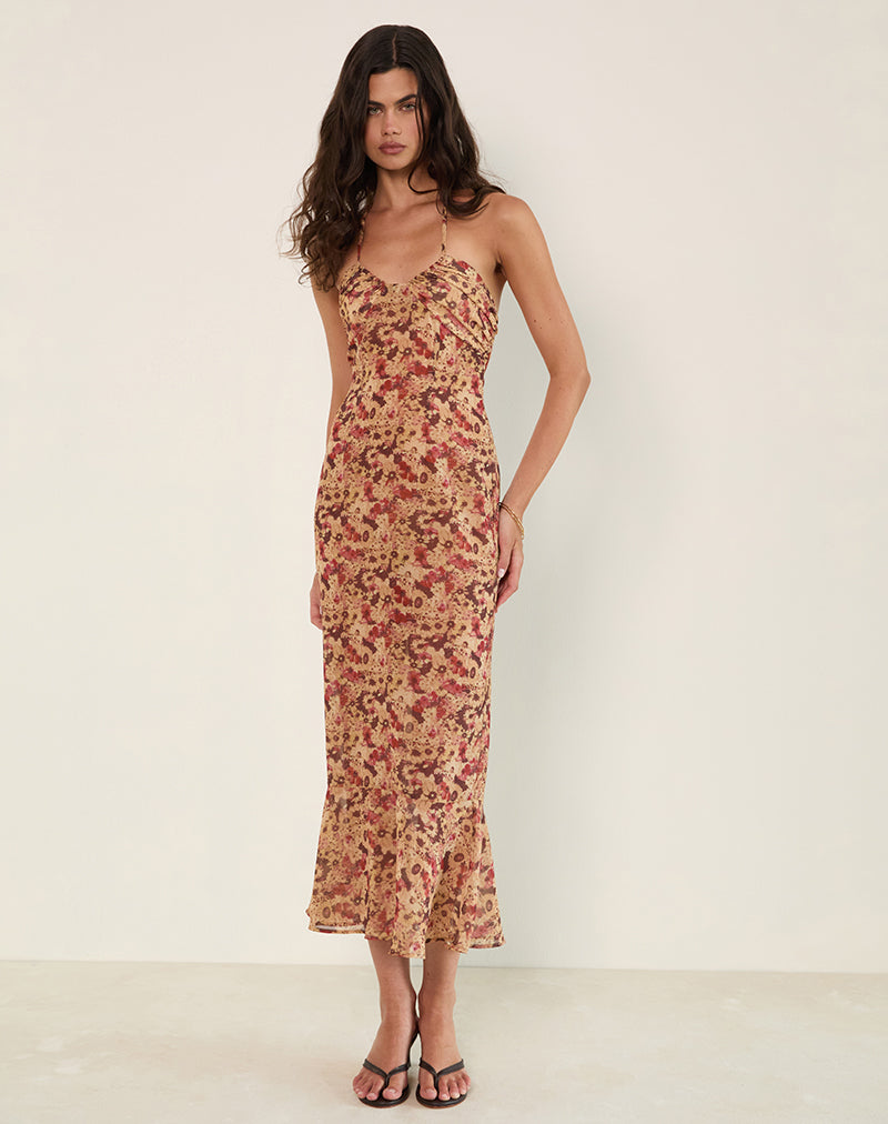 Alette Maxi Dress met Halterhals in Chiffon Rusty Flower