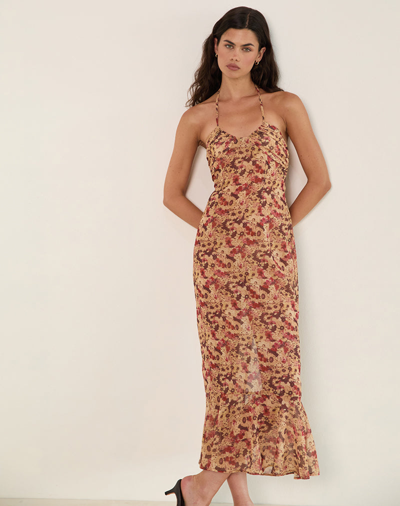 Alette Maxi Dress met Halterhals in Chiffon Rusty Flower