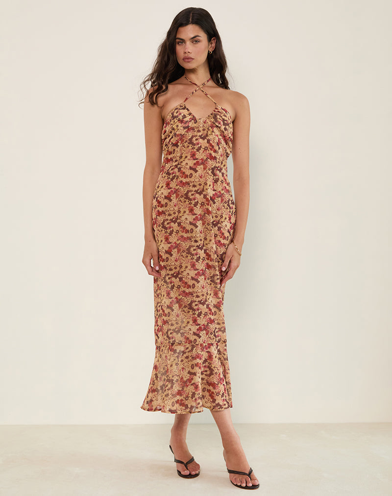 Afbeelding van Alette Maxi jurk met halterhals in chiffon Rusty Flower