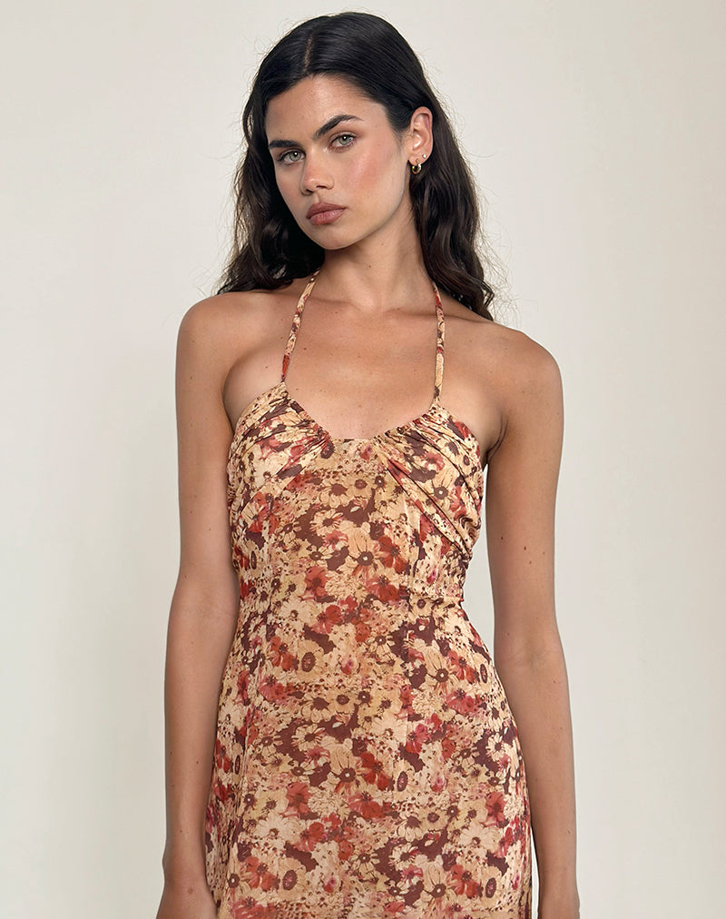 Afbeelding van Alette Maxi jurk met halterhals in chiffon Rusty Flower