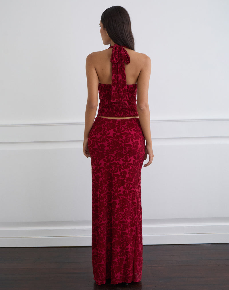 Afbeelding van Alfreda Maxi Rok in gevlokte Mesh Bloem Kers