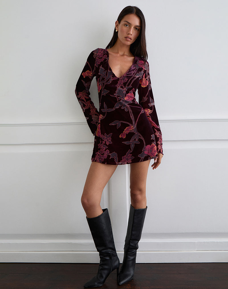 Alitra Mini Dress in Floral Devore Bourgondië