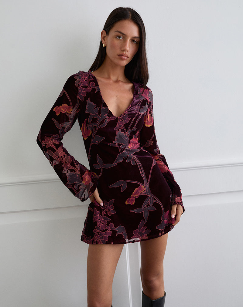 Afbeeldingen van Alitra Mini Dress in Floral Devore Burgundy