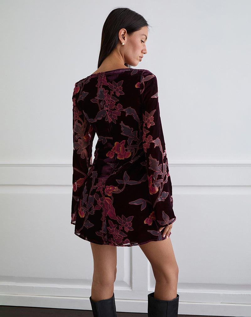 Afbeeldingen van Alitra Mini Dress in Floral Devore Burgundy