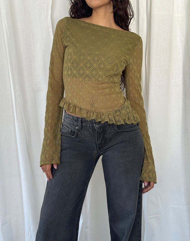 Allegra Lange Mouw Top in Textured Moss Green Lace